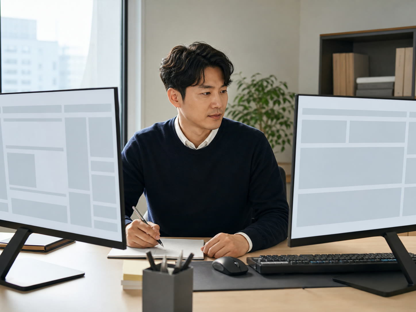 예시 이미지: 여러 마케팅 화면을 번갈아 확인하는 인하우스 마케터
