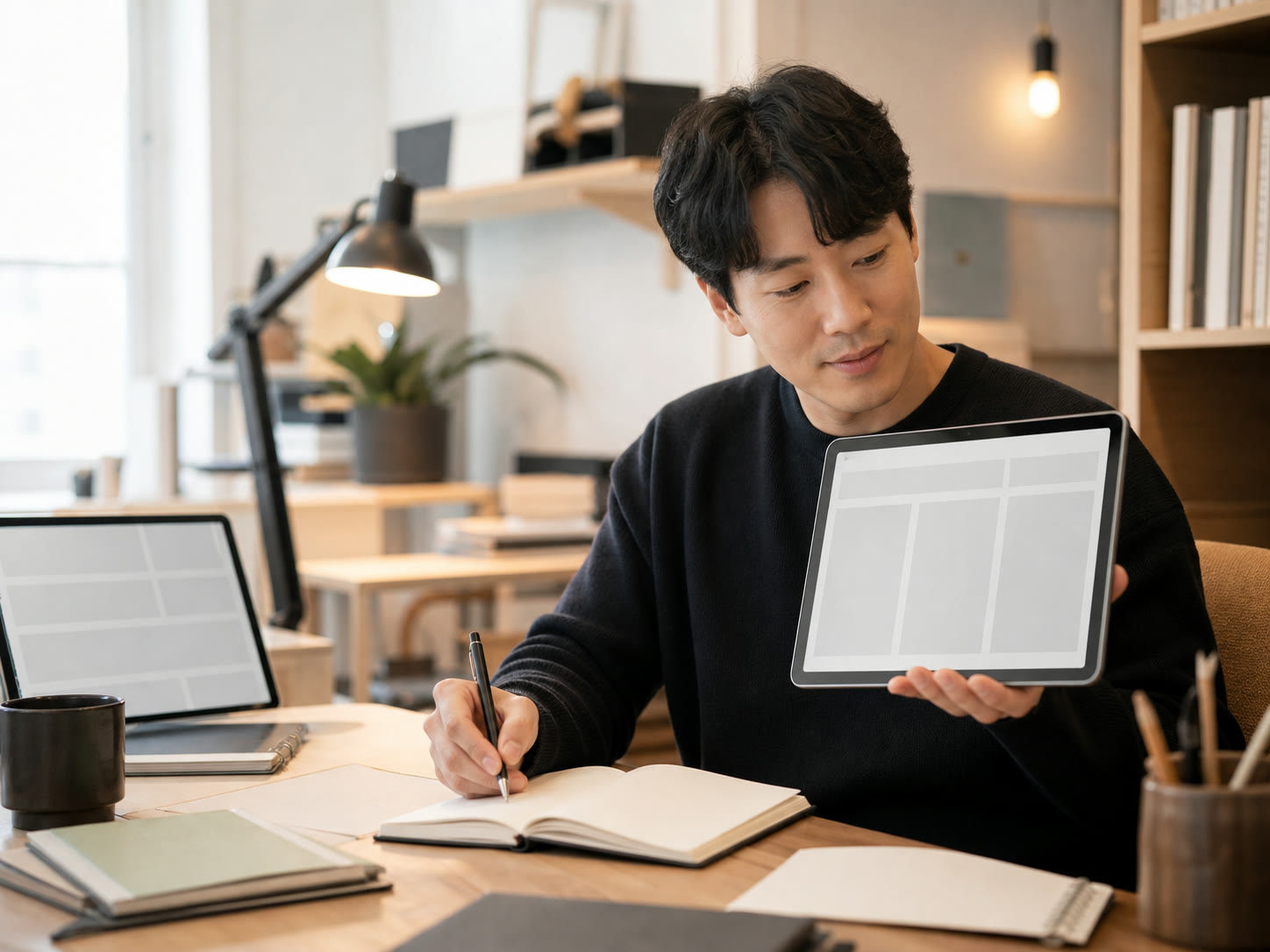 예시 이미지: 강사가 마케팅 성과 변화를 확인하며 수업을 준비하는 모습