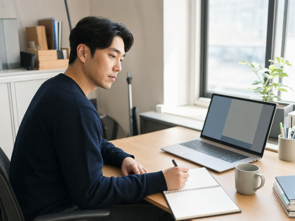 예시 이미지: 노트북으로 홈페이지 첫 화면 구성을 검토하는 마케터