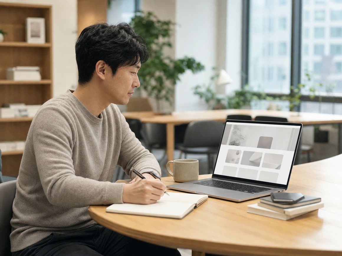 예시 이미지: 고객 후기를 읽으며 홈페이지 구성을 논의하는 1인 사업자