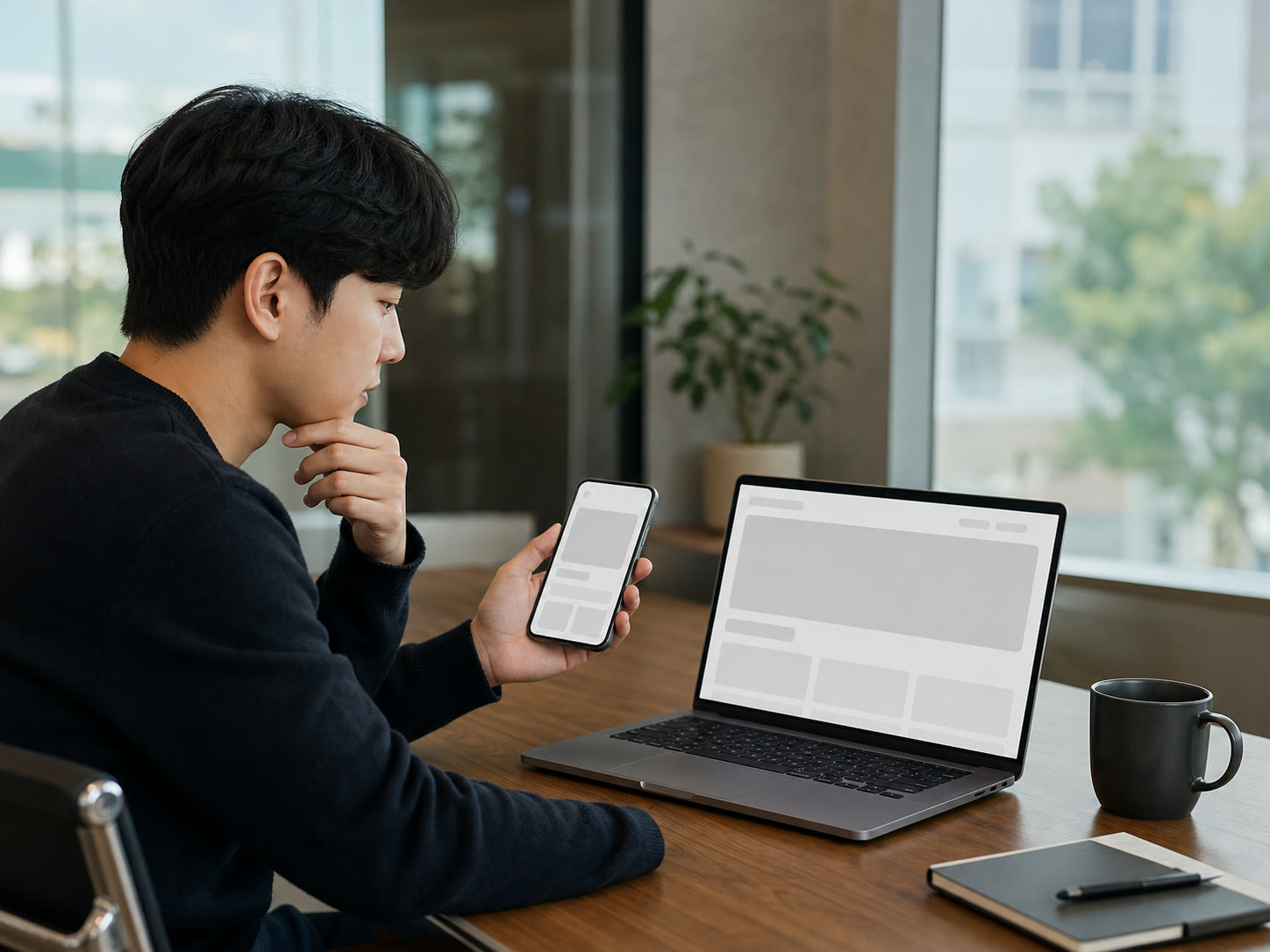 모바일 화면 구조 예시를 검토하는 한국인 마케터의 모습
