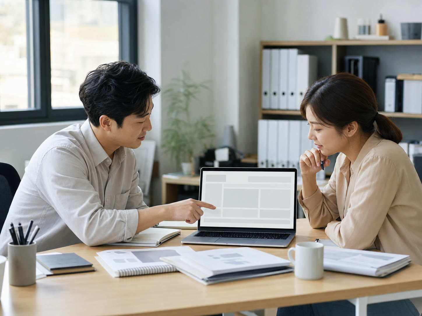 예시 이미지: 두 사람이 리드 목록을 함께 점검하는 모습