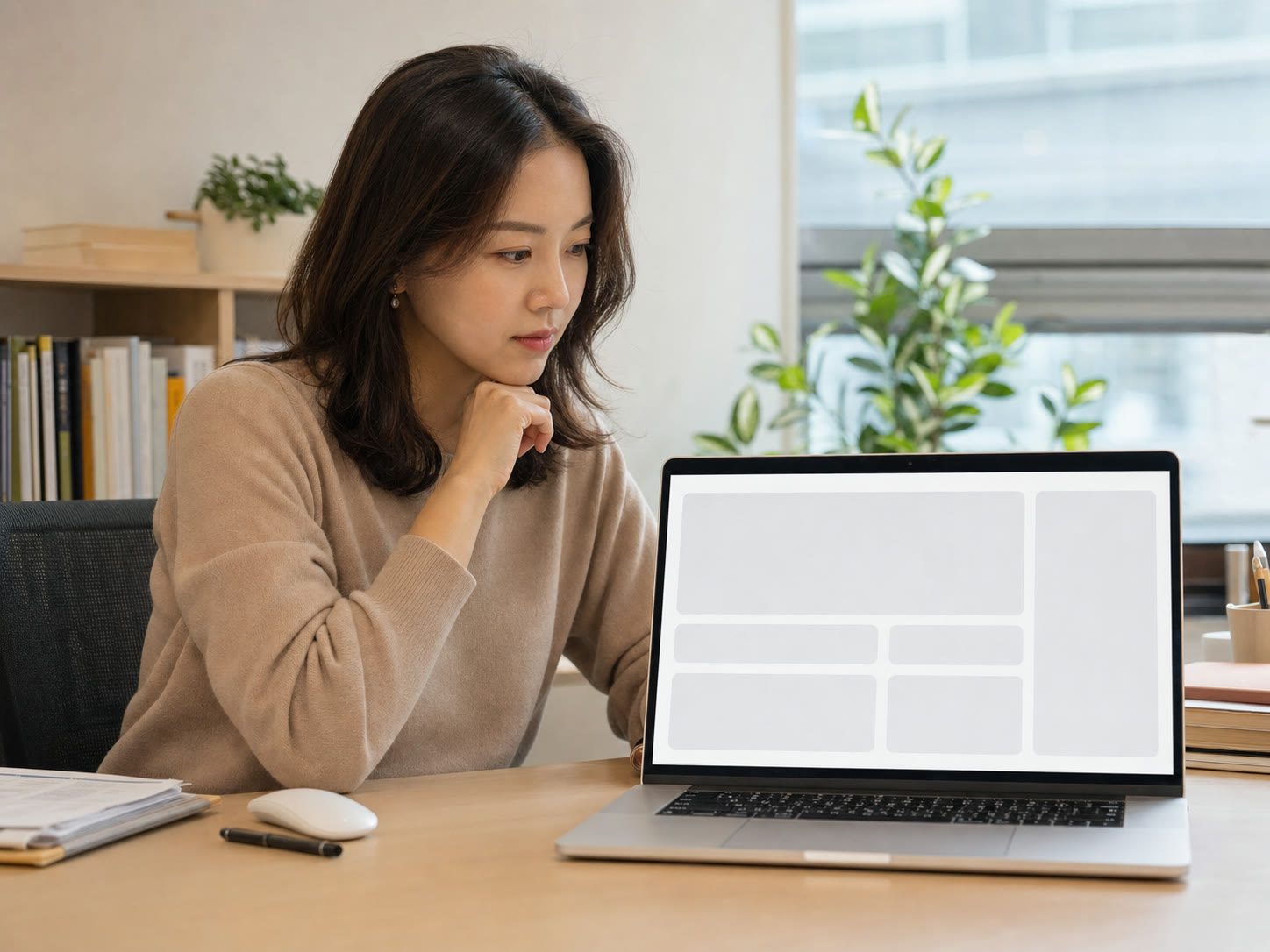노트북 화면으로 블로그 글 제목을 검토하는 예시 이미지